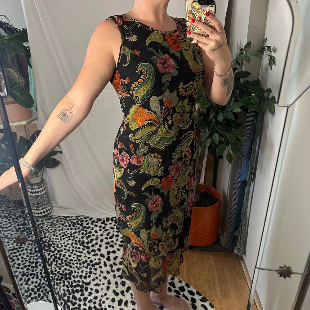 Vintage Floral Paisley Sequin Midi Sheath Dress Black Medium - Picture 3 of 7